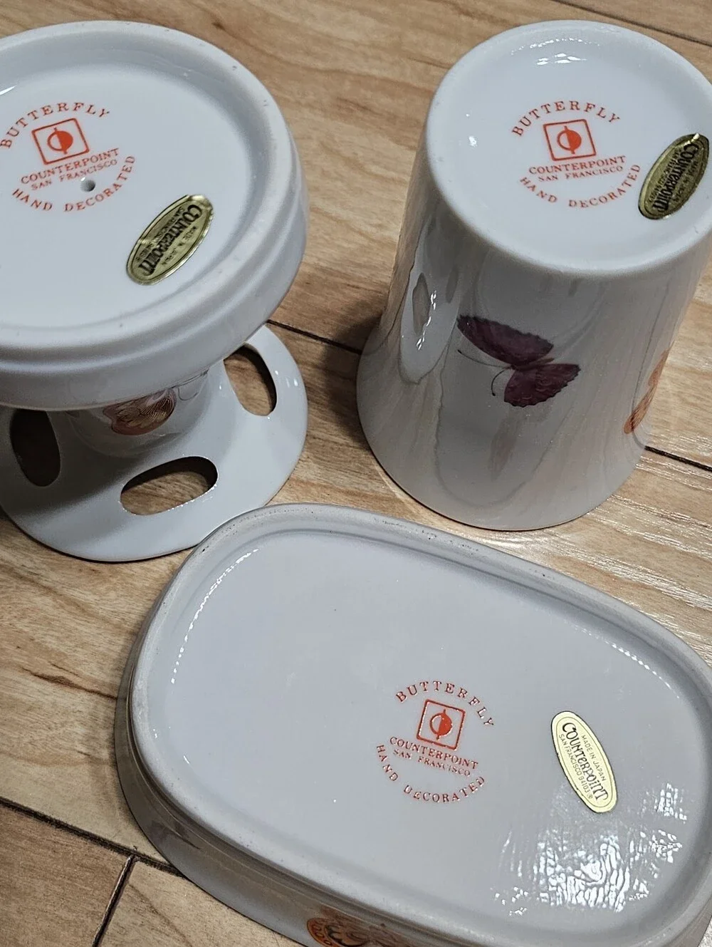 Counterpoint San Francisco Butterfly Bath Set 3pc Porcelain Multicolor Vintage